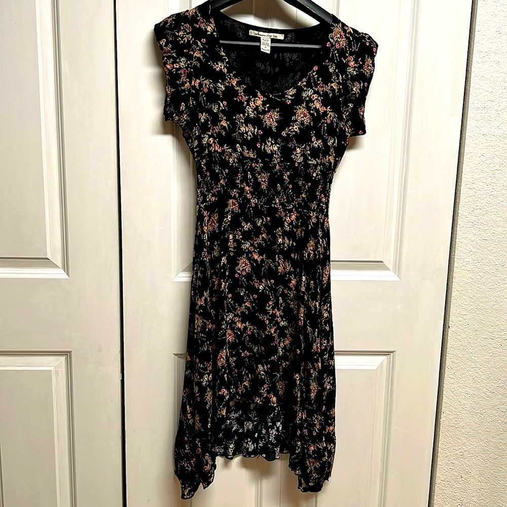 American Rag Black Multi color Floral Print Cap Sleeve Tulip Dress Size S